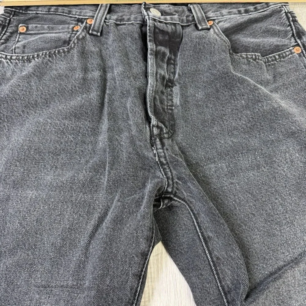 Levis Jeans Mens 33x32 Black 501 Straight Button Fly Western Distressed Denim N - Picture 6 of 13